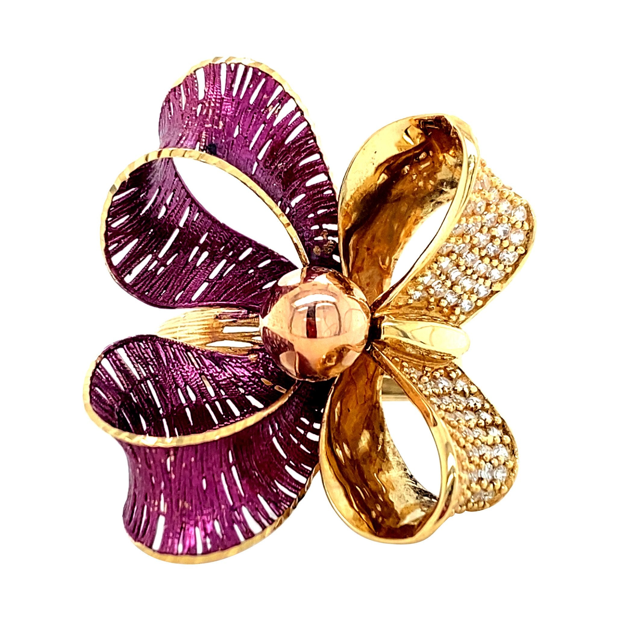 Gouden vintage strik ring met emaille en zirkonia 18 krt