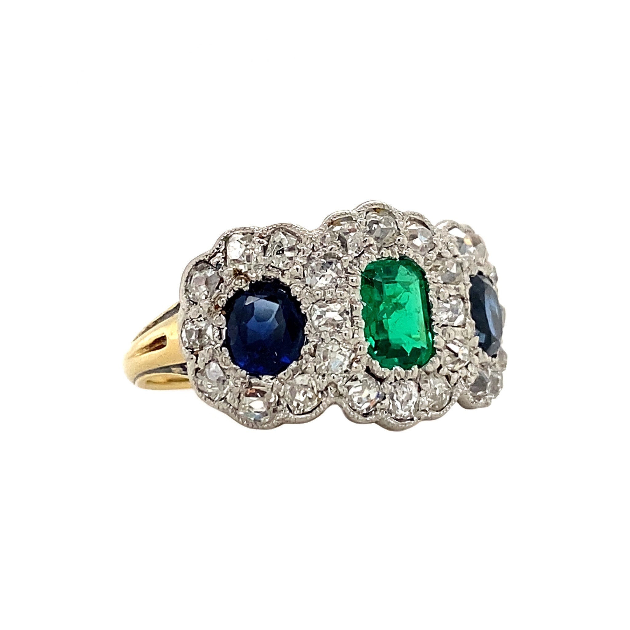 18 kt gold ring with emerald, sapphire and diamond
