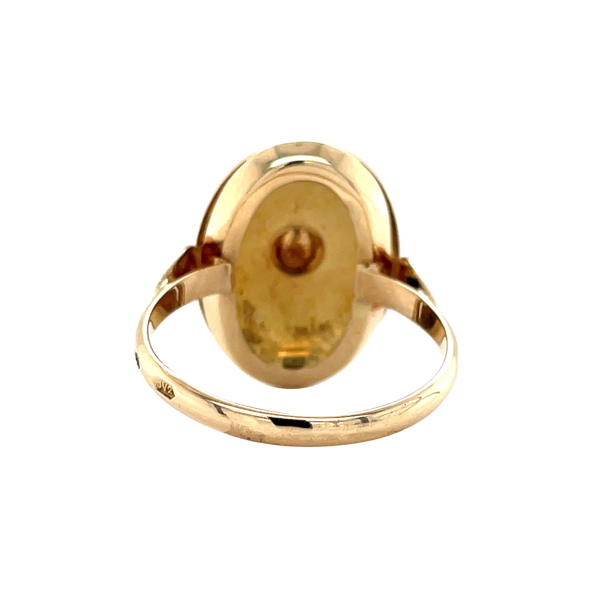 Gouden vintage entourage ring met parel en granaat 14 krt
