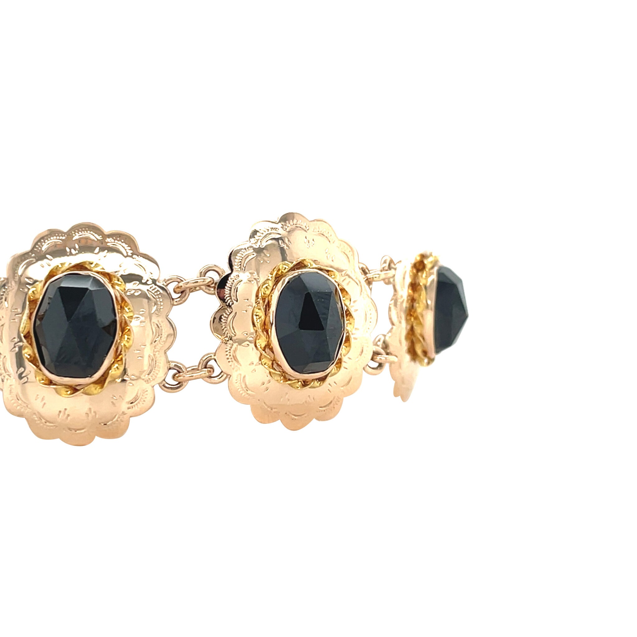 Vintage gold boot charm bracelet with garnet, 14 kt