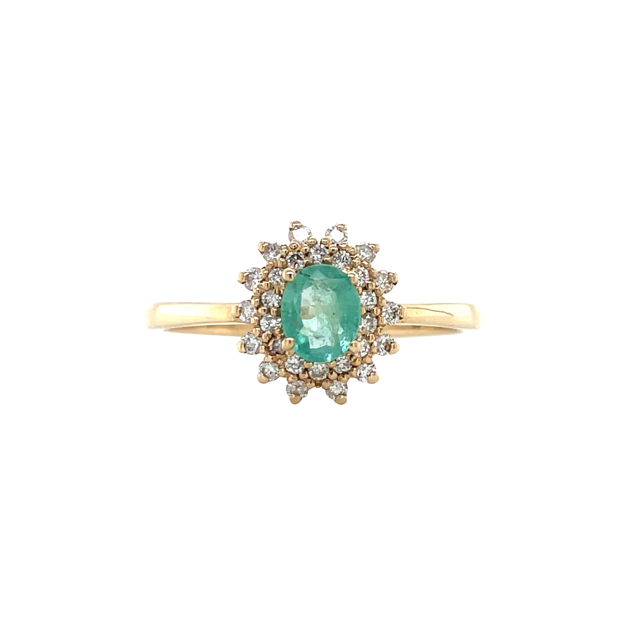 Gouden vintage dubbele entourage ring met smaragd en diamant 14 krt