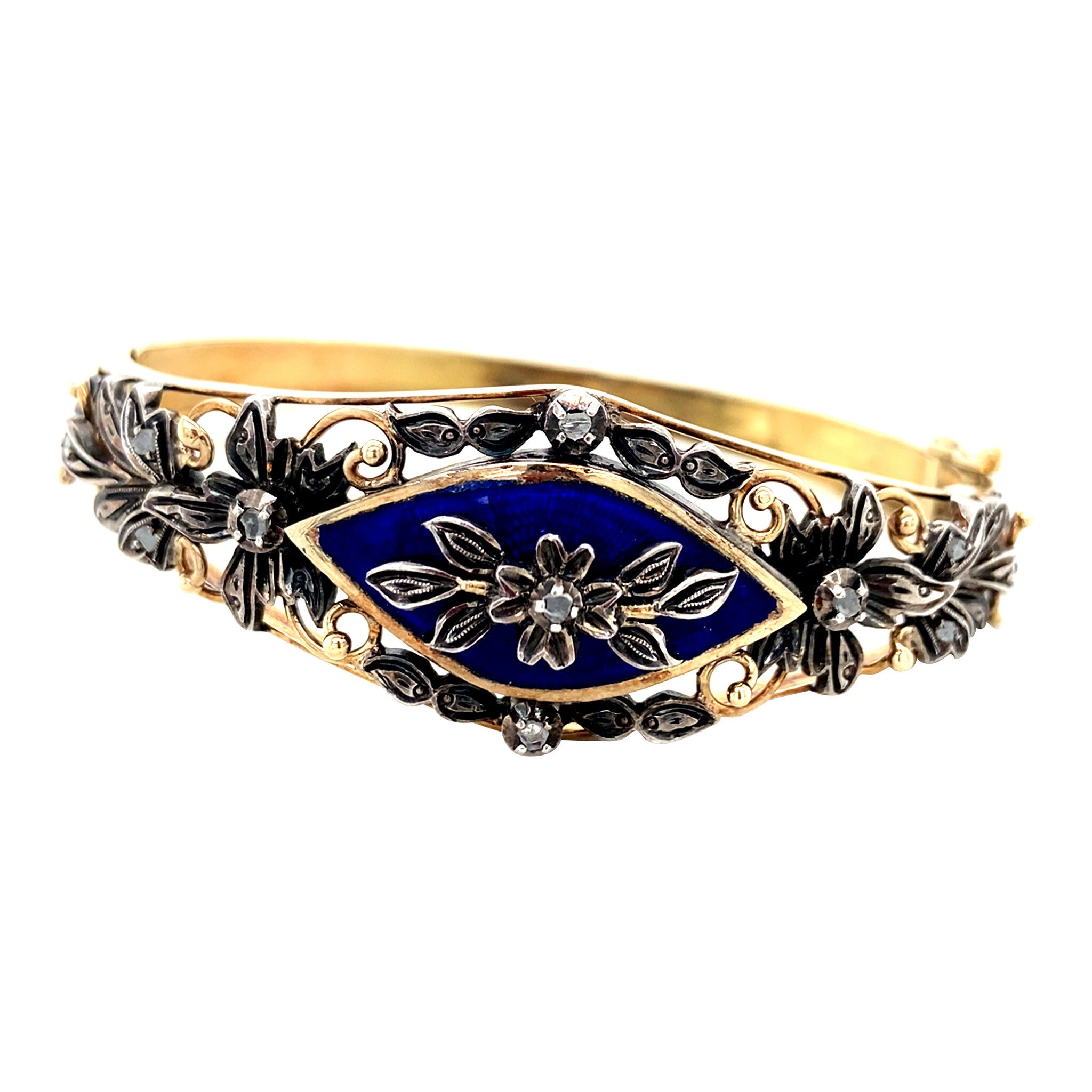 Gouden vintage bangle met roosdiamant en emaille 14 krt/925