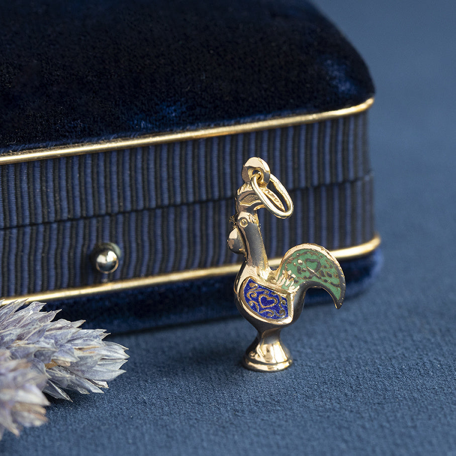 Vintage rose-gold rooster pendant with enamel, 14 kt