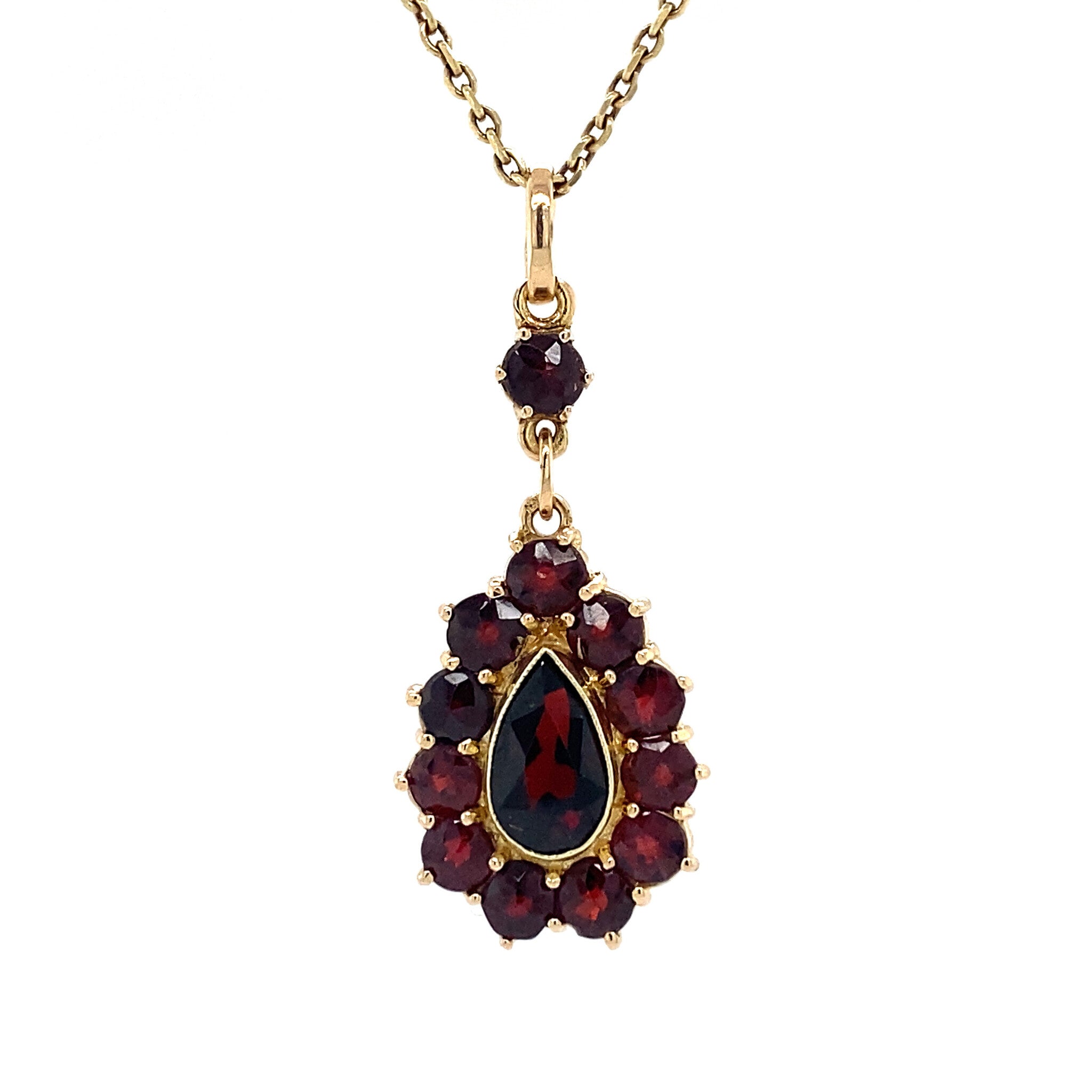 Gold entourage pendant with garnet 14 krt