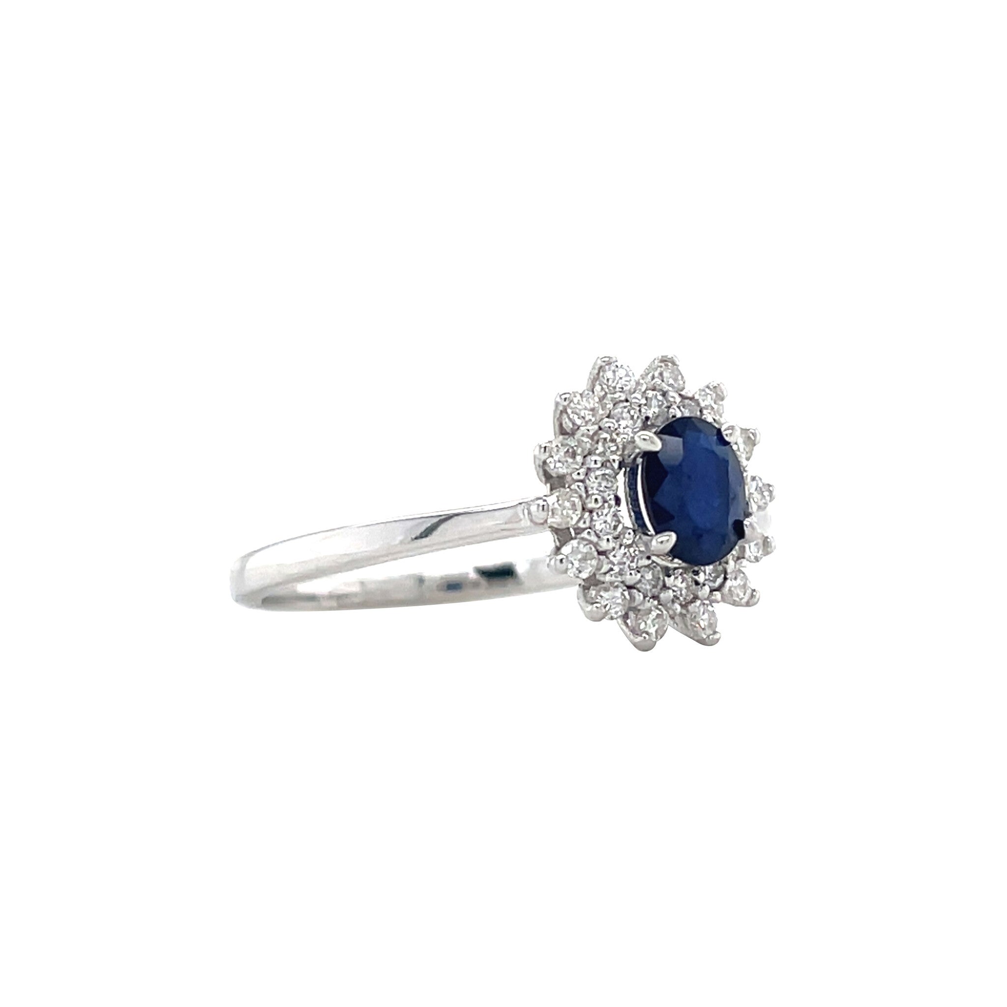 Witgouden vintage entourage ring met saffier en diamant 14 krt