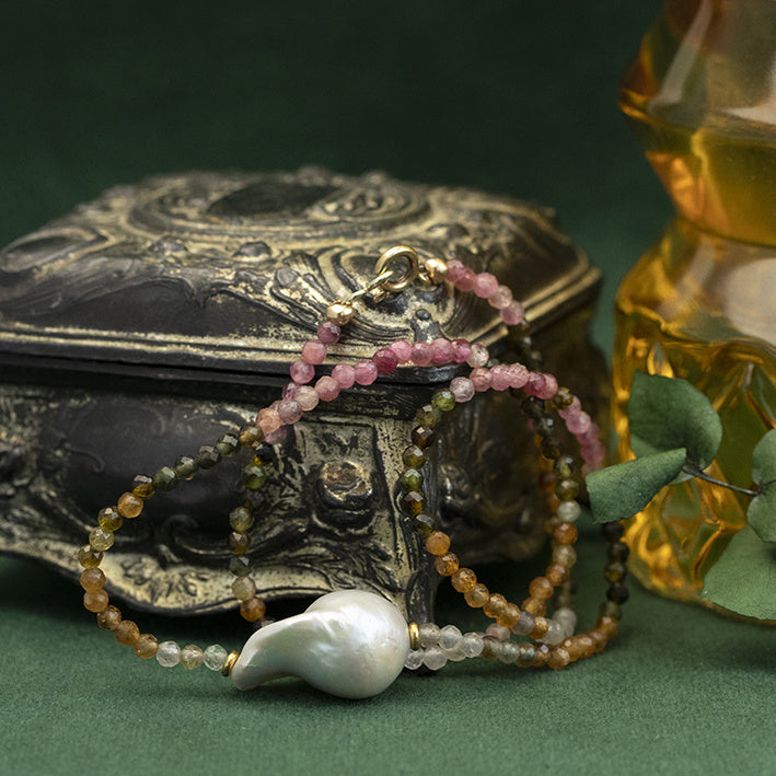 Toermalijn collier met parel 14 krt