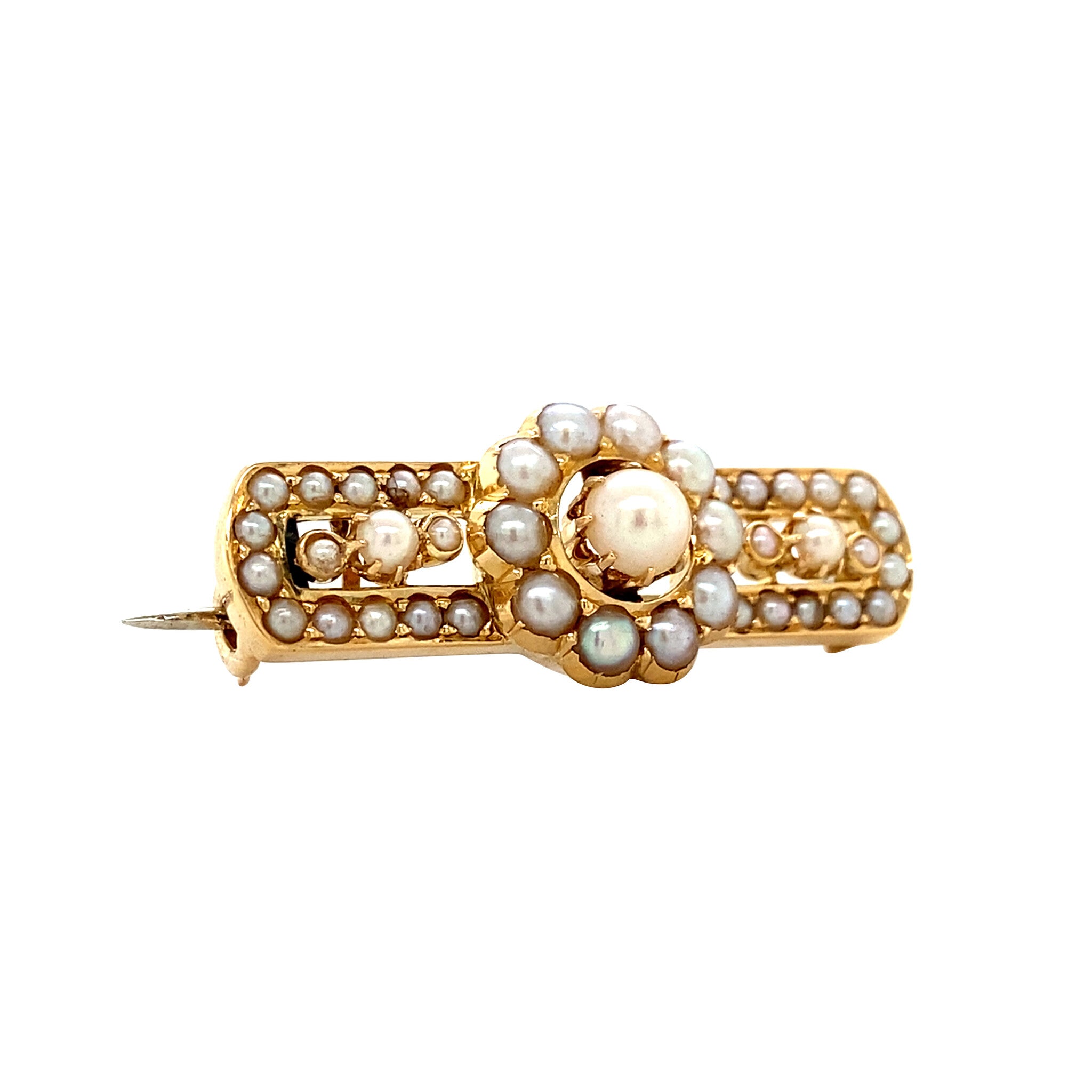 Vintage 18 kt gold entourage brooch with pearl
