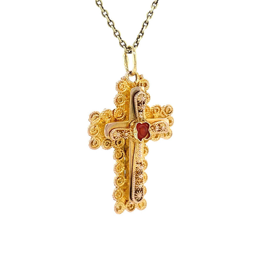 Gouden vintage kruis hanger met kleursteen 14 kt