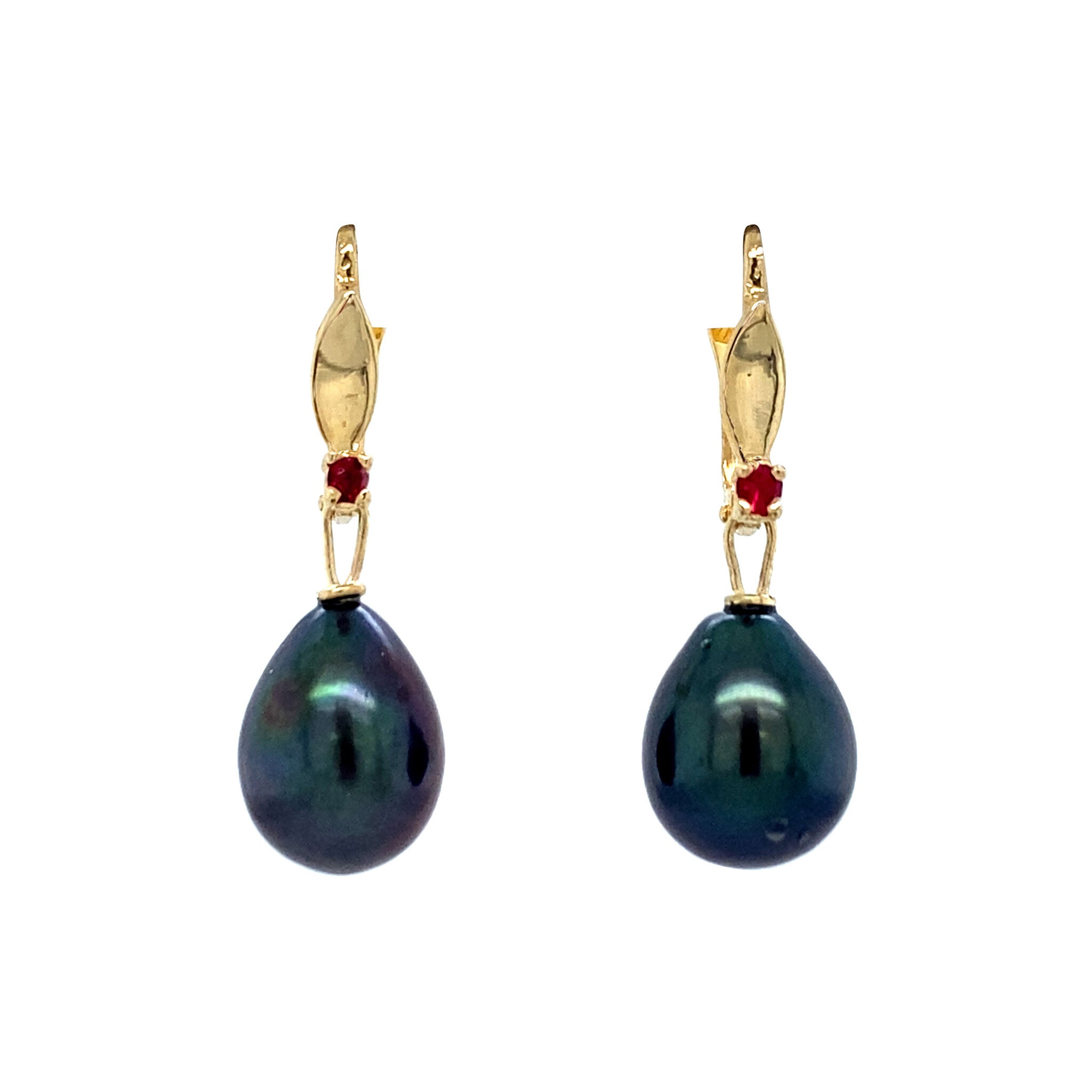 Vintage gold drop earrings with colored stone and pearl, 14 kt