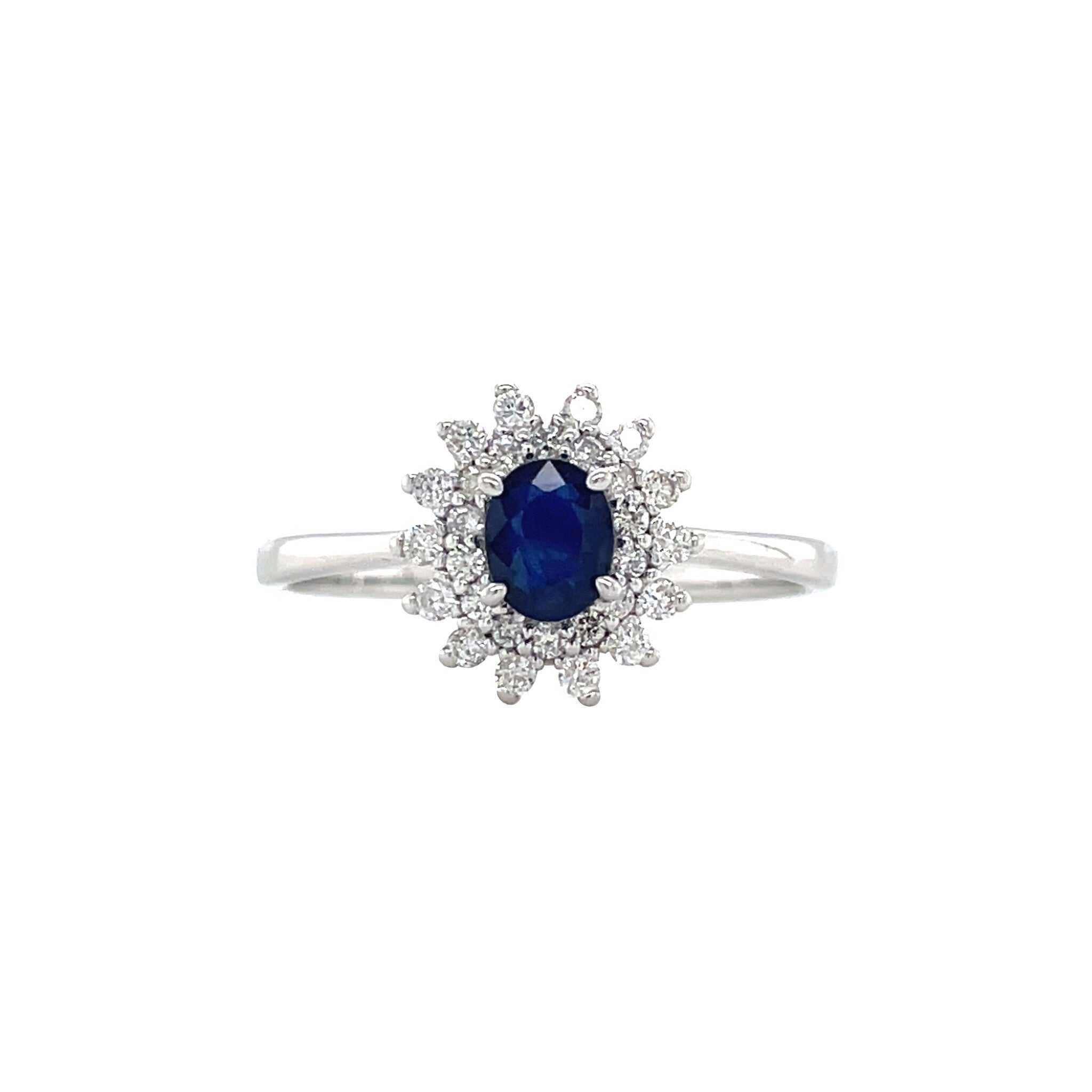 Vintage 14 kt white gold cluster ring with sapphire and diamond