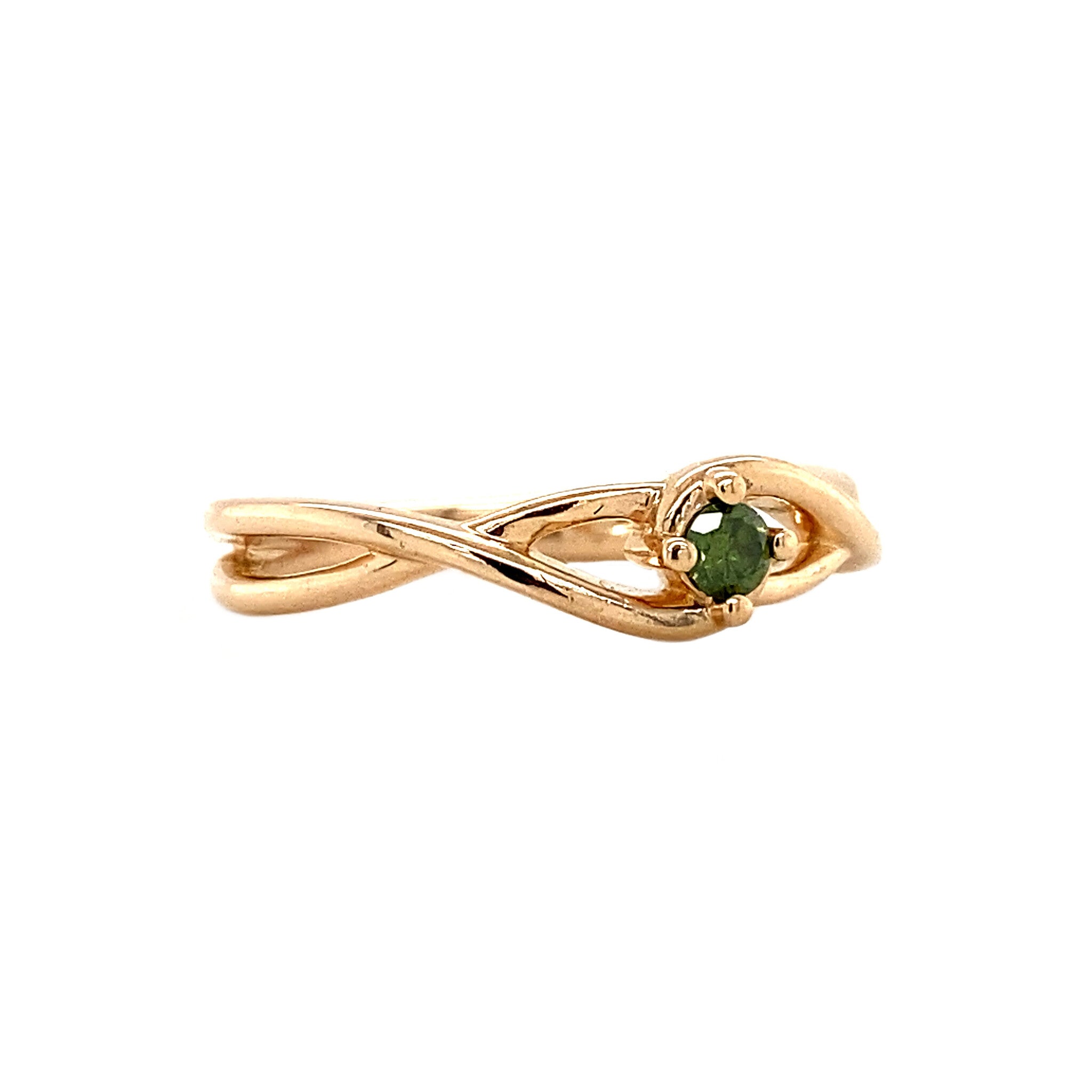 Rose-gold hammered ring with emerald, 14 kt