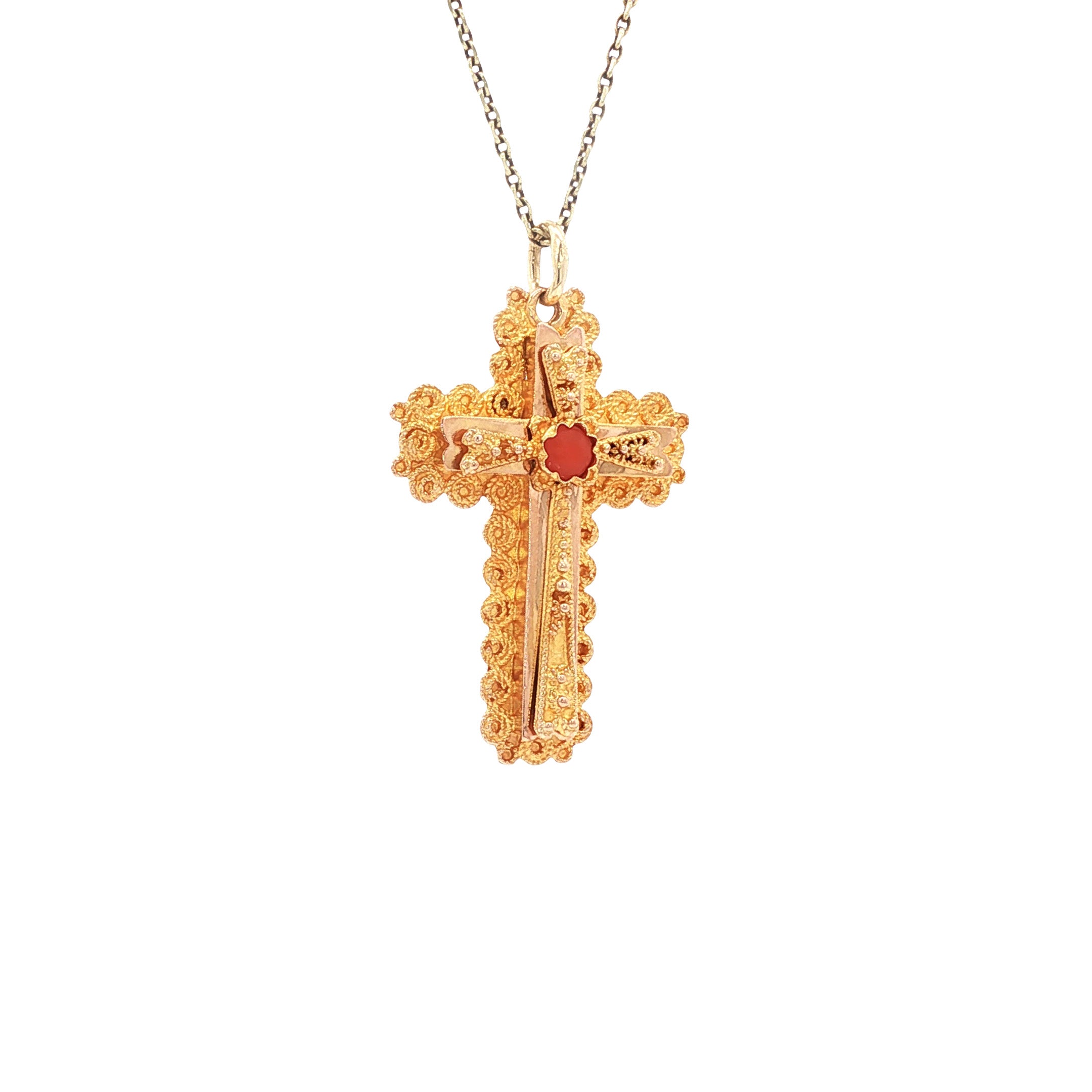 Gouden vintage kruis hanger met bloedkoraal 14 kt
