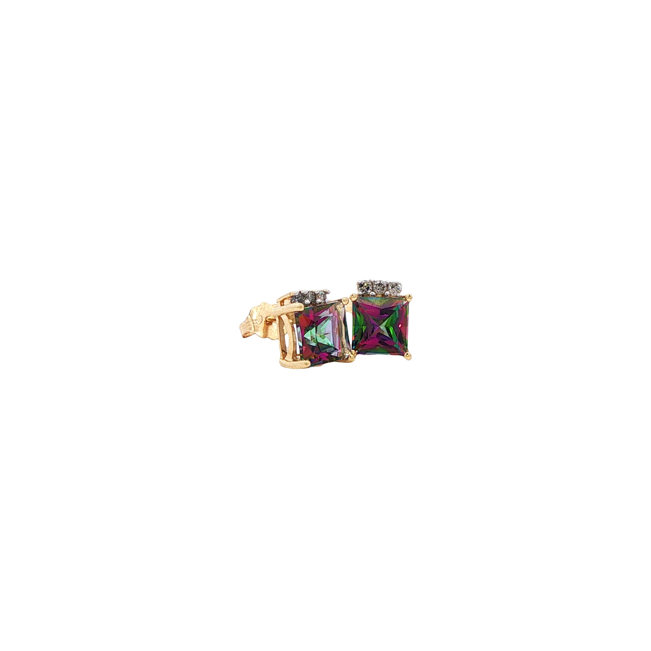 Gouden vintage oorstekers met mystieke topaas en diamant 14 kt