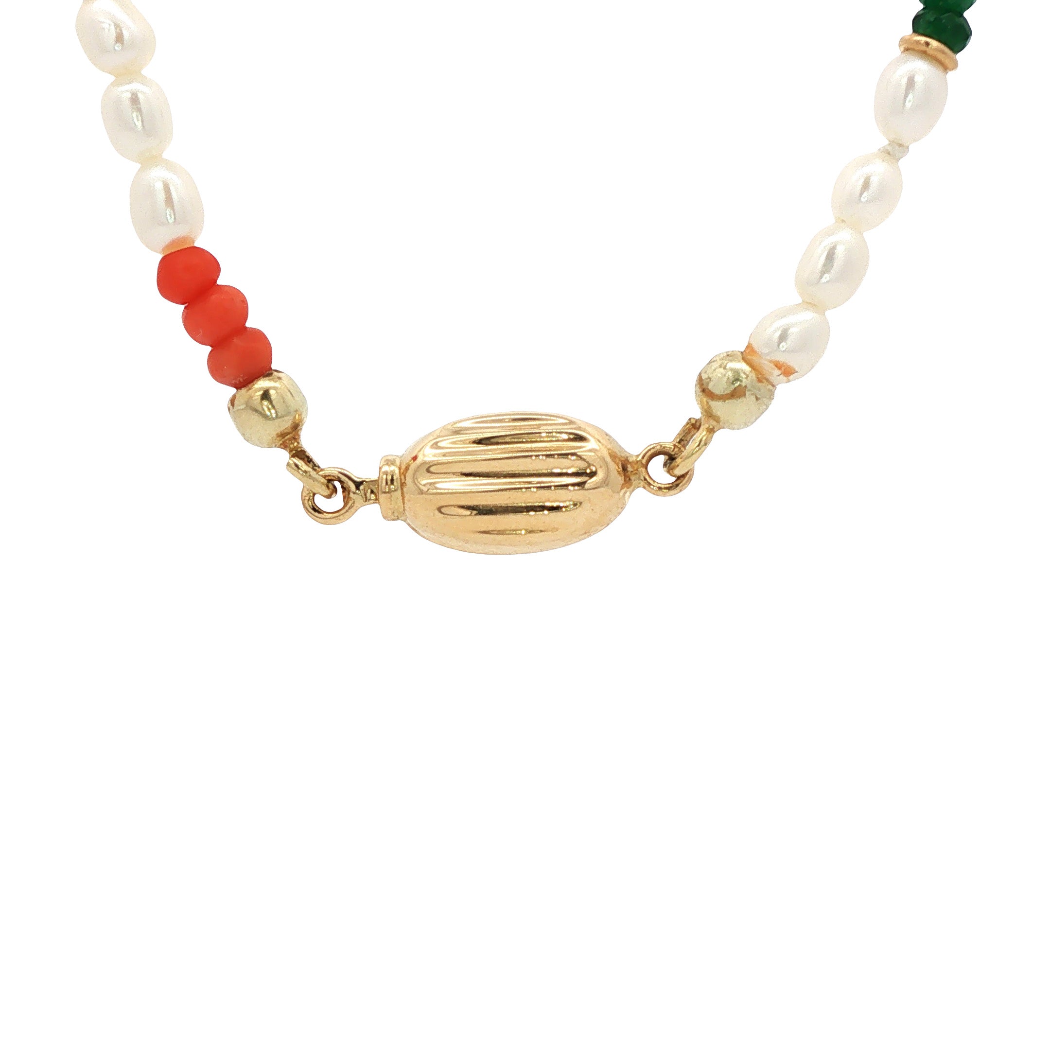 Vintage parel, bloedkoraal en agaat collier met gouden sluiting 14 kt