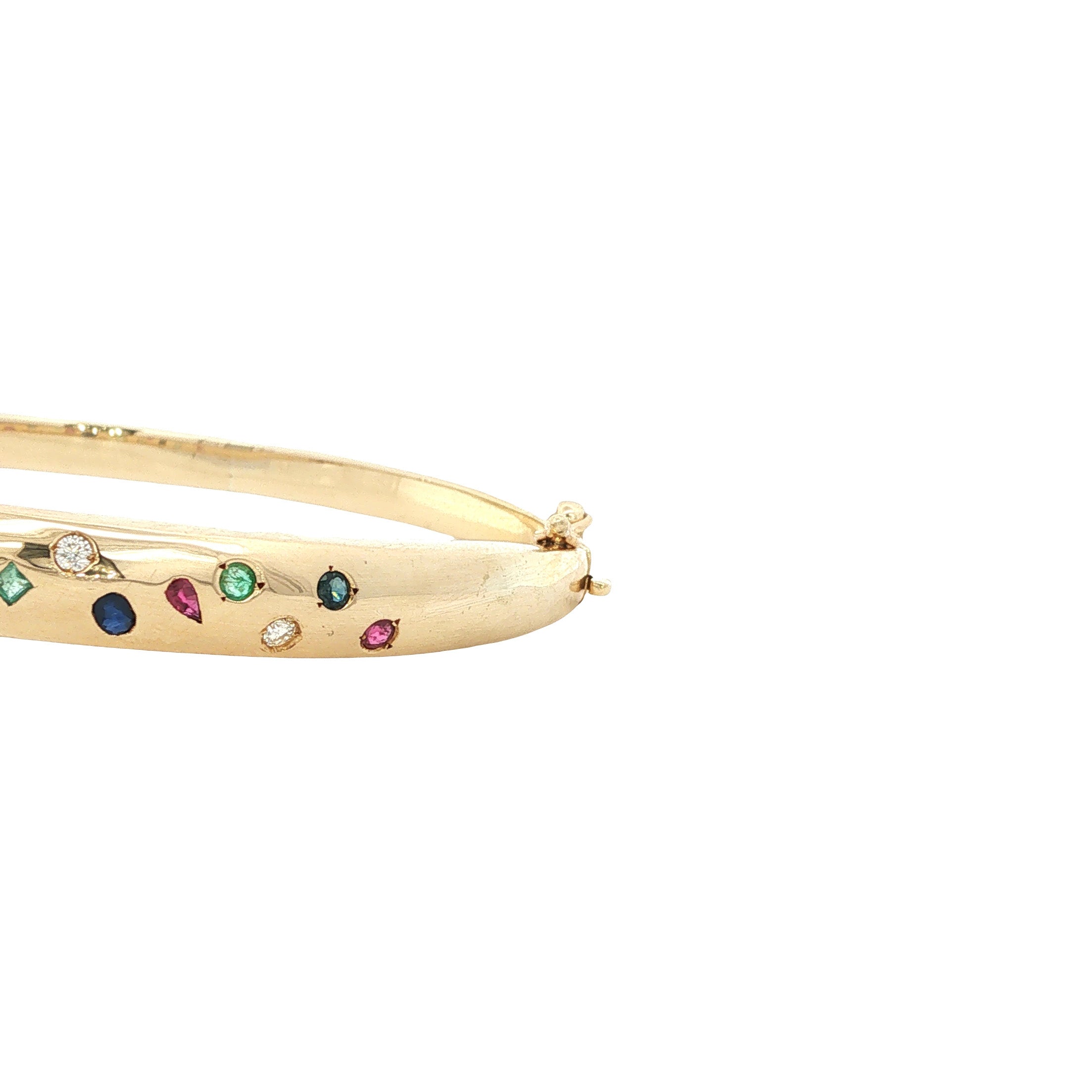 Vintage bangle met robijn, saffier, smaragd en diamant 12 kt