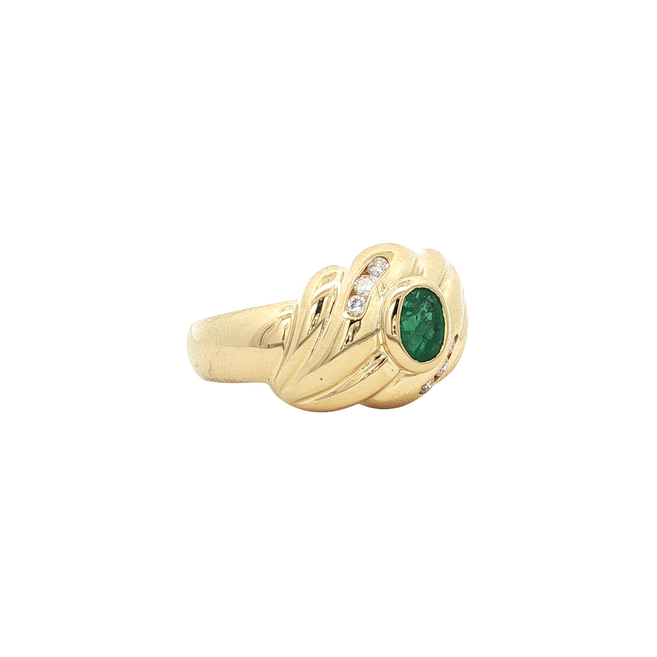 Vintage gold ring with emerald and moissanite, 18 kt
