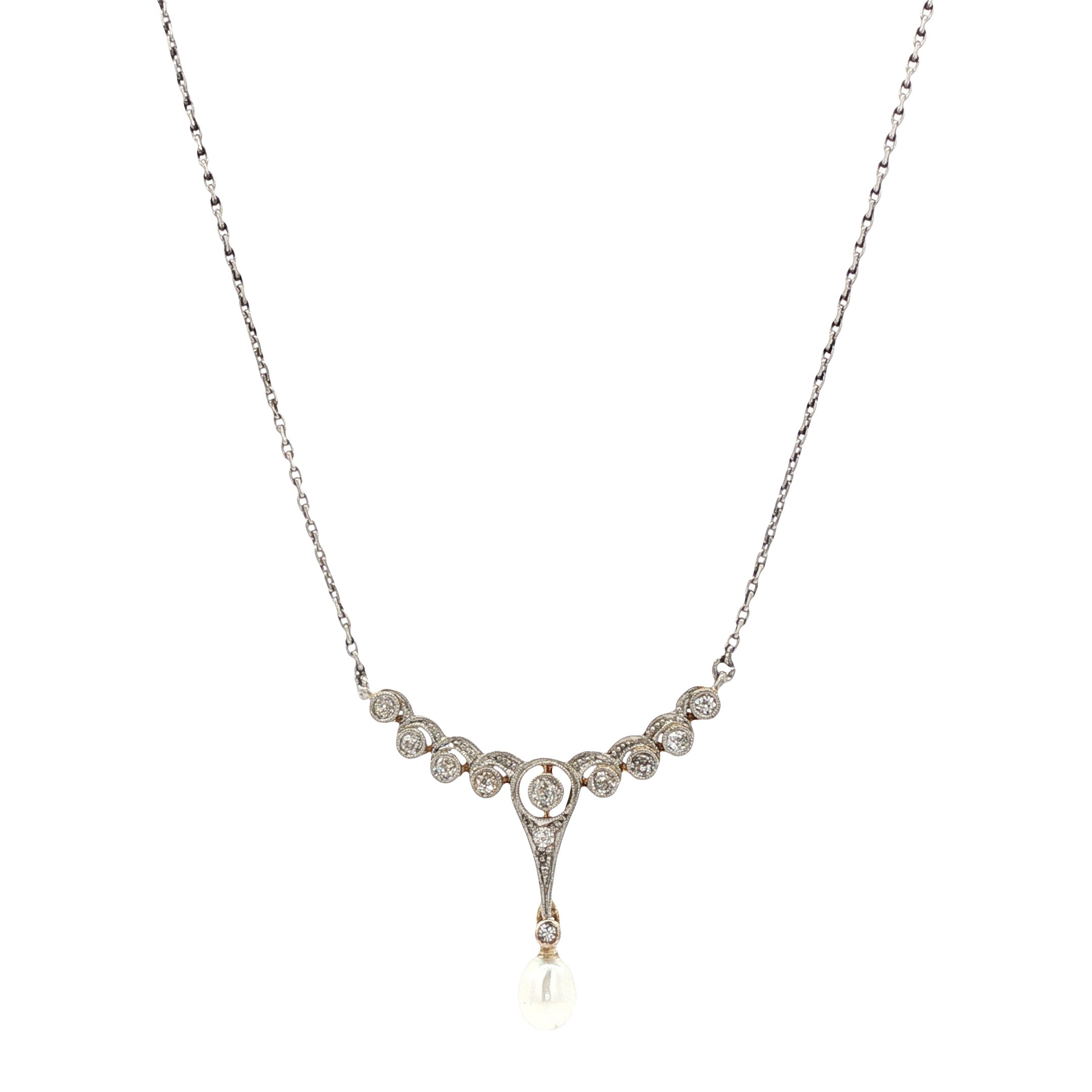 Vintage platina collier met diamant en parel 14 kt/950