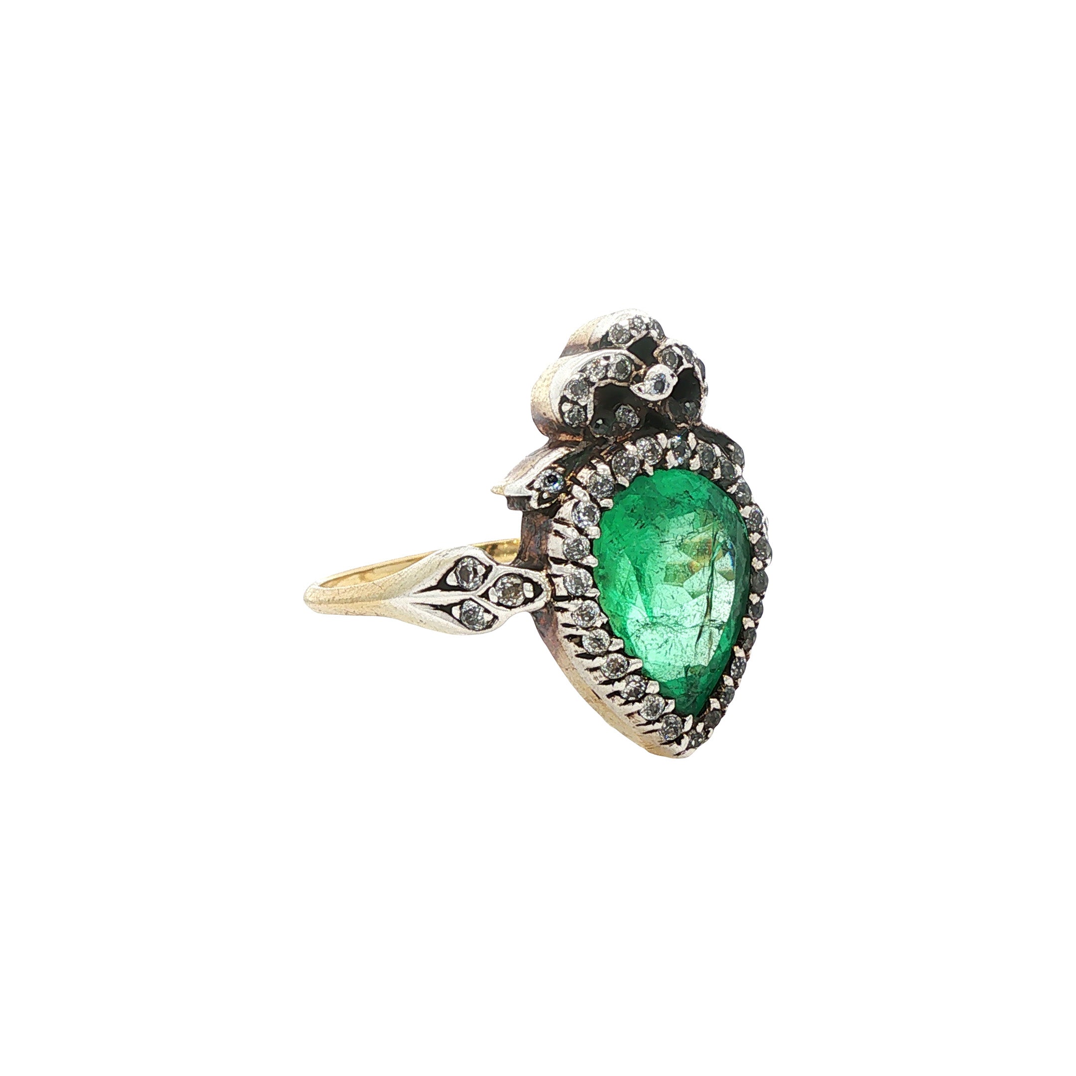 Vintage gold ring with emerald and diamond, 18 kt/925