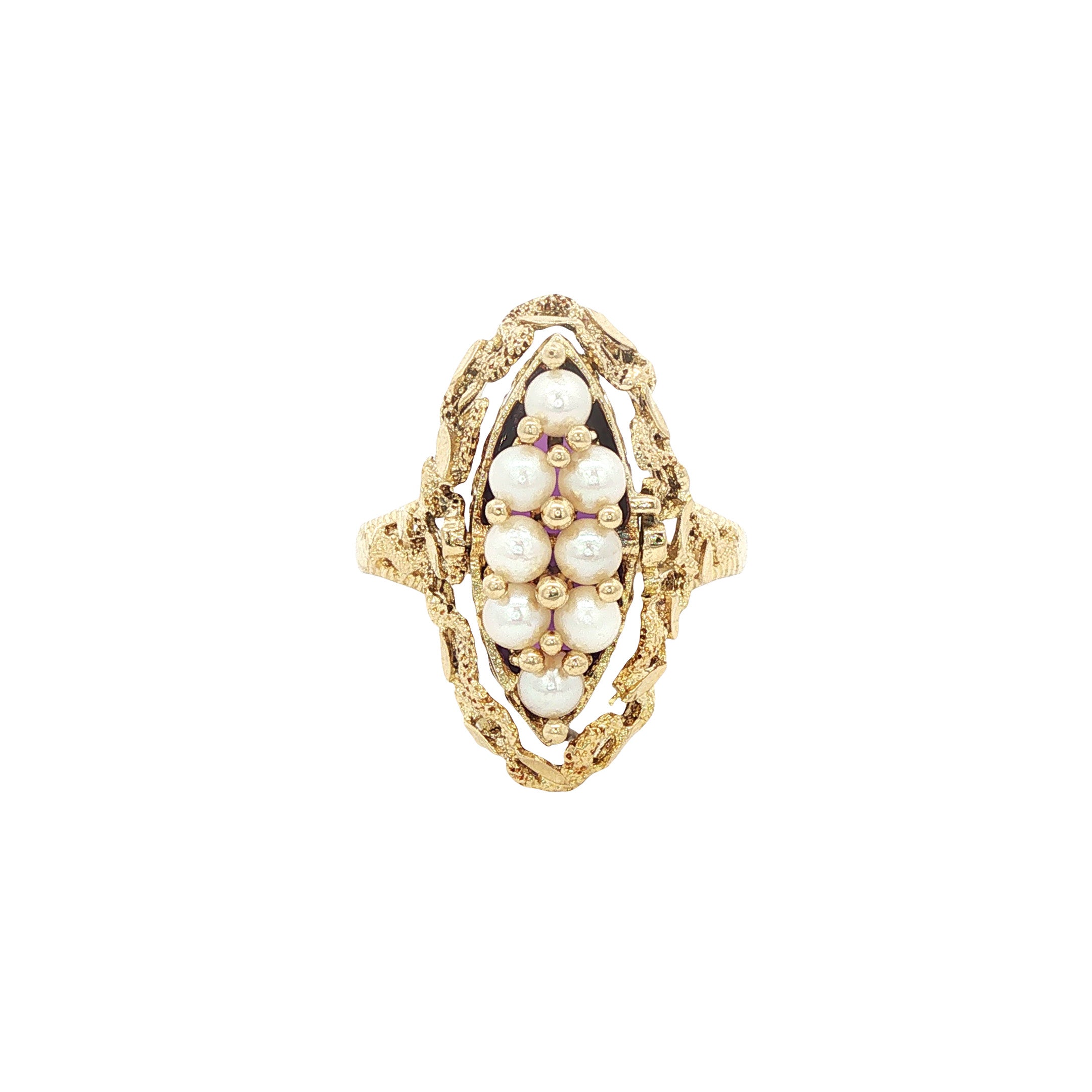 Gouden vintage ring met parel en amethist 14 kt