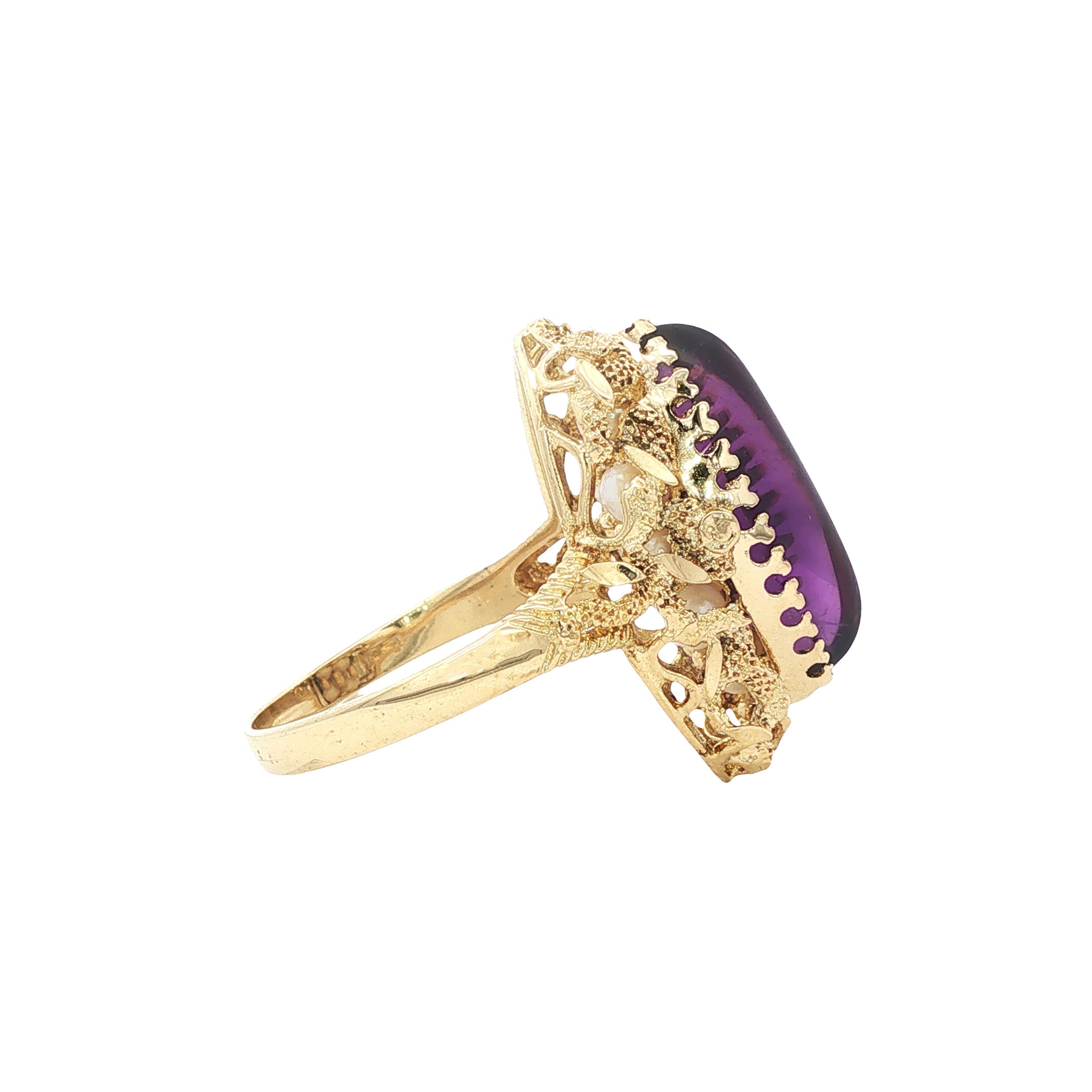 Gouden vintage ring met parel en amethist 14 kt