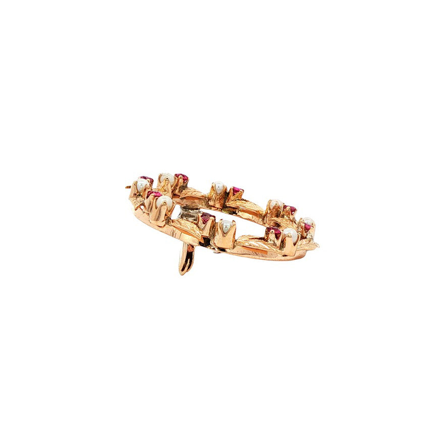 Vintage brooch with ruby and pearl 12 kt