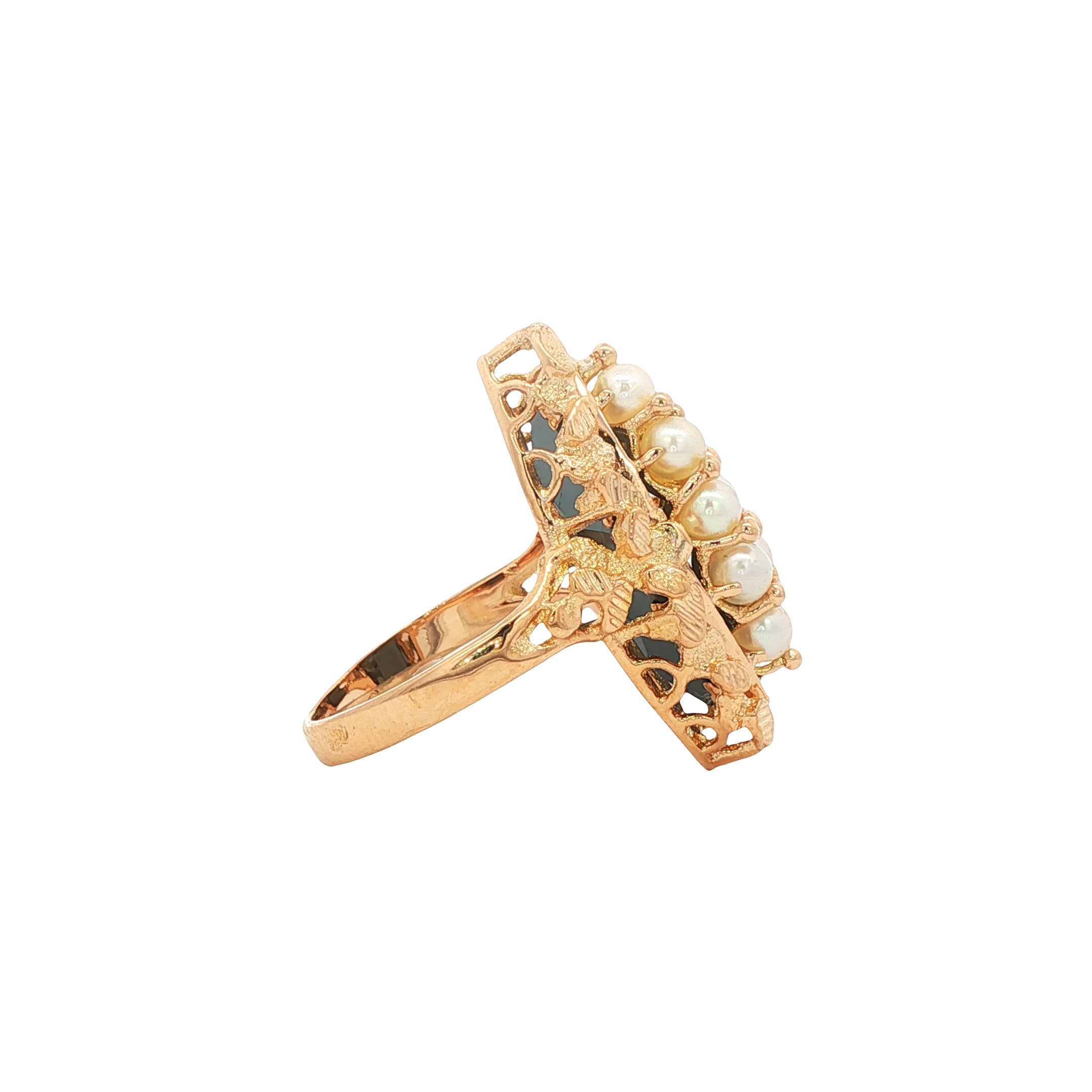 Vintage gold twist ring with pearl and hematite, 18 kt