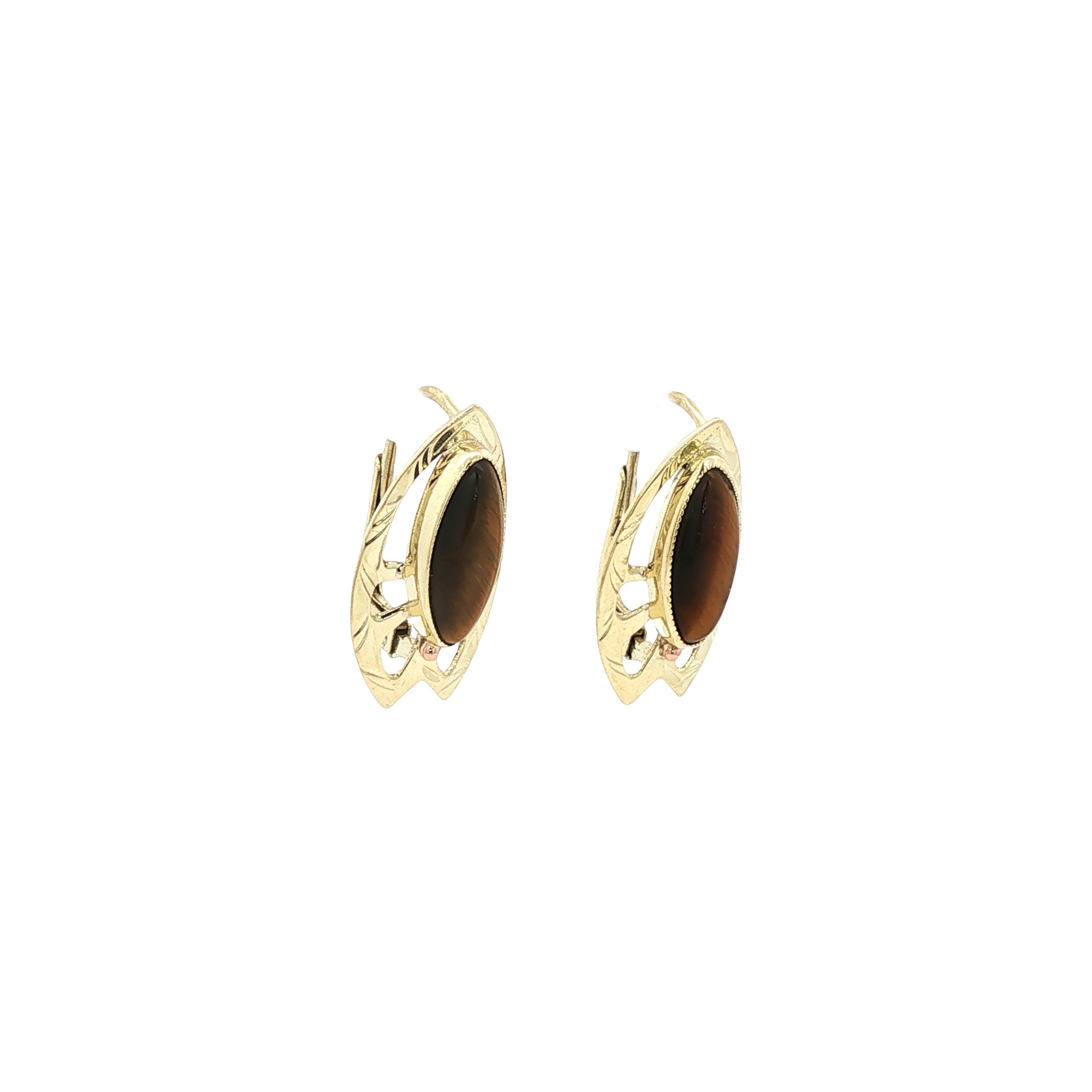 Gouden vintage oorhangers met tijgeroog 14 kt