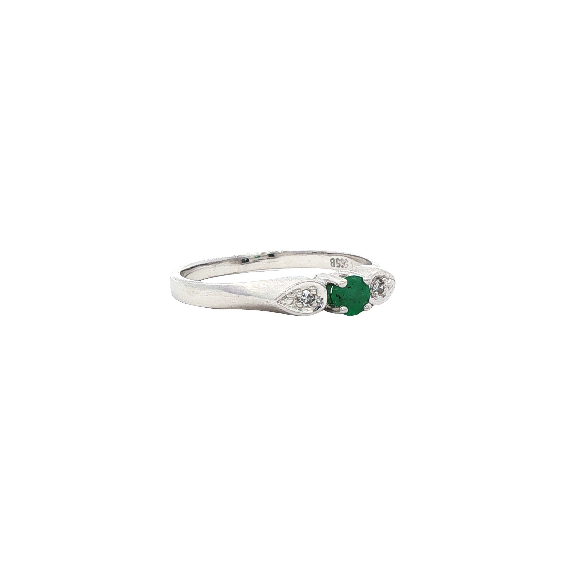 Witgouden vintage ring met smaragd en diamant 14 kt