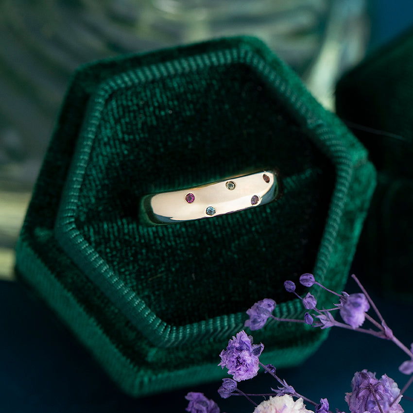 Gouden vintage ring met citrien, amethist, saffier, prasioliet en robijn 14 kt