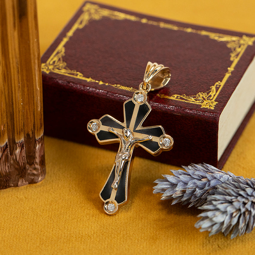 Gouden kruis hanger met emaille en zirkonia 18 kt