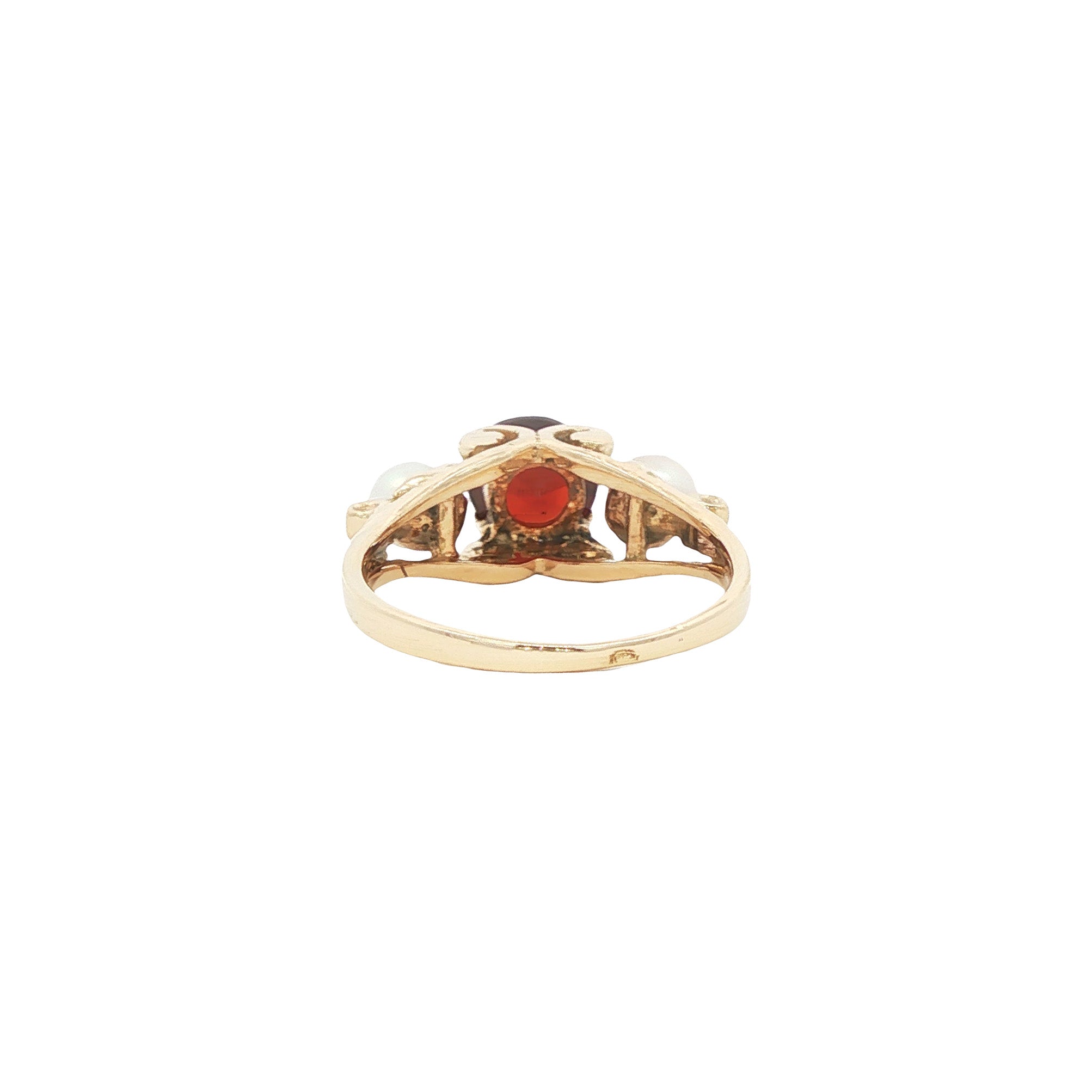 Gouden vintage ring met parel en granaat 14 kt